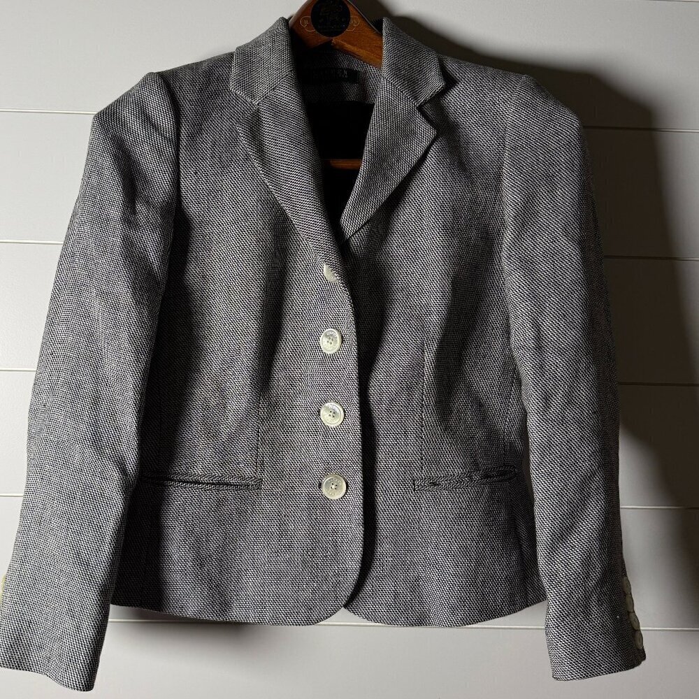 Lauren Ralph Lauren Petite Black & White Houndstooth Blazer 100% Linen Sz 4P
